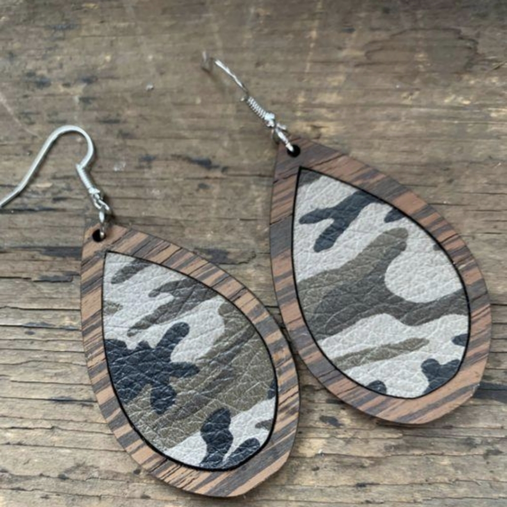Wood Teardrop Earrings with Camo Leather